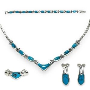 Vintage Mexican Silver .925 Turquoise Inlay Necklace Bracelet Earrings Ring Set